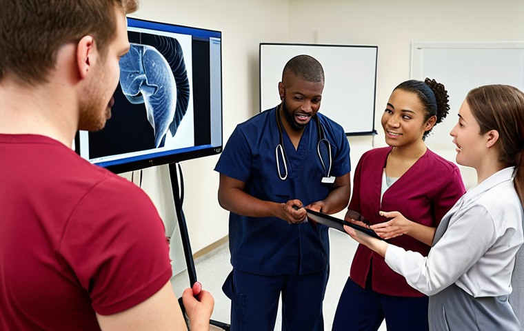 **
A diverse group of trainees actively participating in a tech rehabilitation program, receiving constructive feedback from instructors. Focus on the positive and supportive learning environment.
**