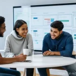 기술 재교육 프로그램에서의 멘토링 효과 - **Prompt:** A diverse group of young adults, approximately 18-25 years old, in a brightly lit, moder...