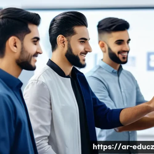 기술 재교육 프로그램의 성공적인 시행 사례 - A diverse group of young Arab professionals in a modern vocational training center, engaging in hand...