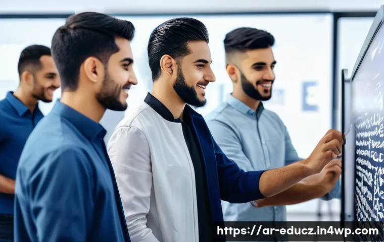 기술 재교육 프로그램의 성공적인 시행 사례 - A diverse group of young Arab professionals in a modern vocational training center, engaging in hand...