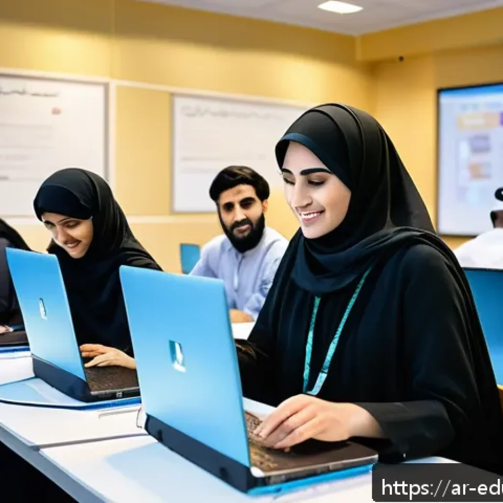 기술 재교육 프로그램의 참가자 피드백 활용법 - A modern, bright classroom in a Middle Eastern tech training center, filled with diverse Arabic-spea...