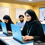 기술 재교육 프로그램의 참가자 피드백 활용법 - A modern, bright classroom in a Middle Eastern tech training center, filled with diverse Arabic-spea...