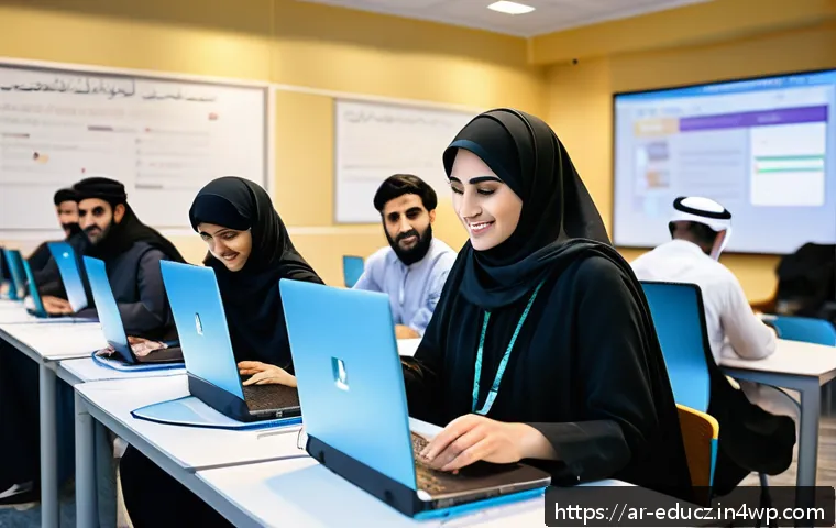 기술 재교육 프로그램의 참가자 피드백 활용법 - A modern, bright classroom in a Middle Eastern tech training center, filled with diverse Arabic-spea...