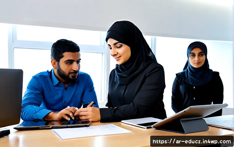 직원 기술 향상을 위한 재교육 프로그램 - Photorealistic workplace retraining workshop in a modern Gulf-region office, diverse Arab employees ...